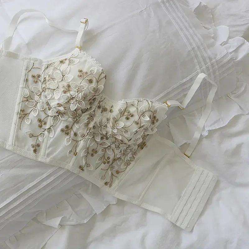 Simples Market white lace bralette corset with 3D floral embroidery, boned cups, adjustable straps