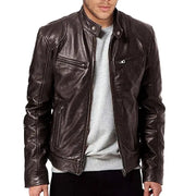Leather motorcycle jacket for men, brown PU leather, Simples Market, slim fit