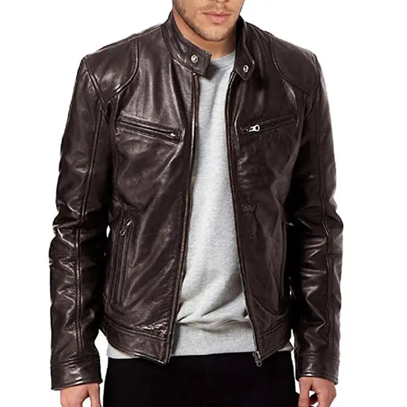 Leather motorcycle jacket for men, brown PU leather, Simples Market, slim fit