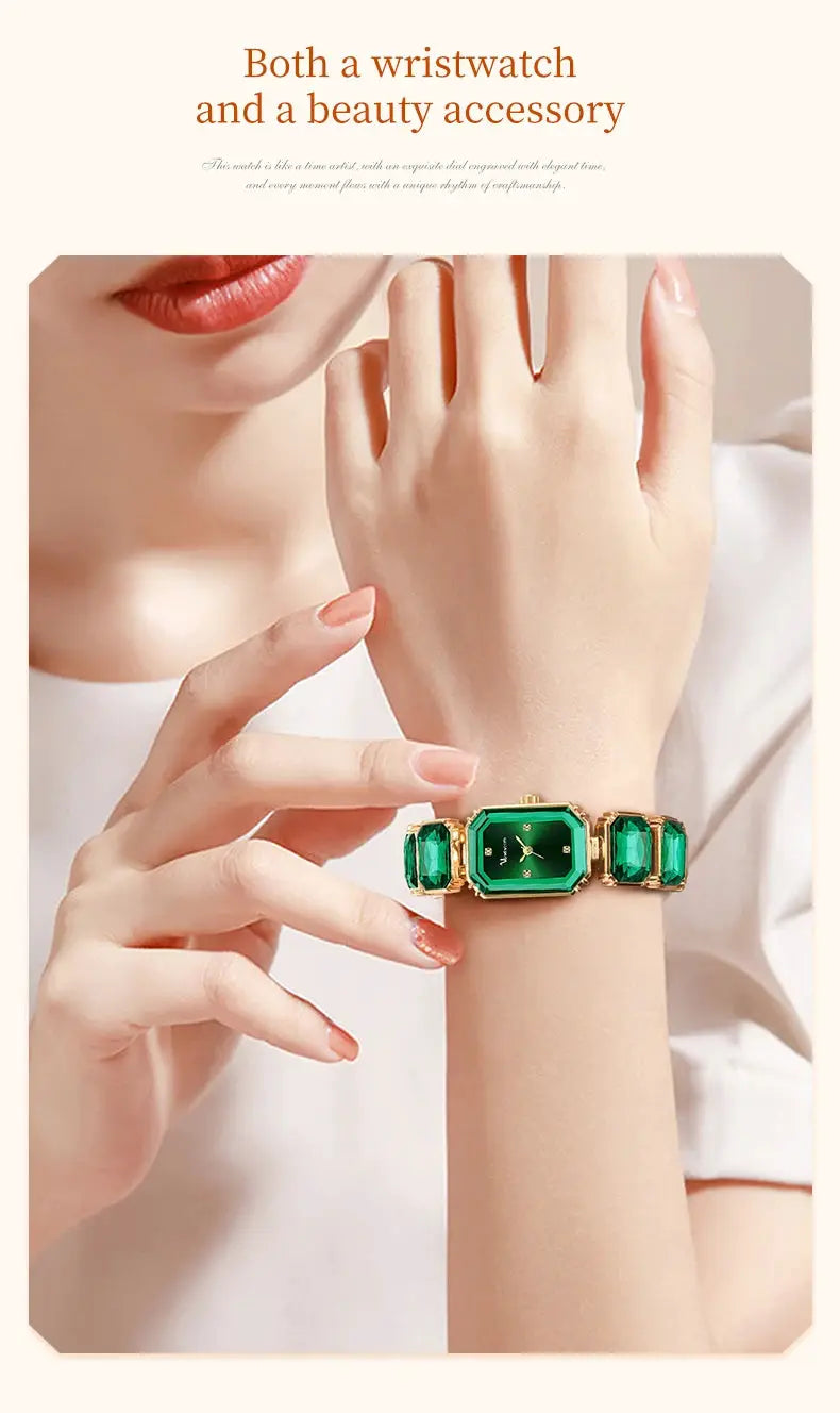 Women square watch with emerald-green stones on a rose-gold stainless steel bracelet, quartz movement