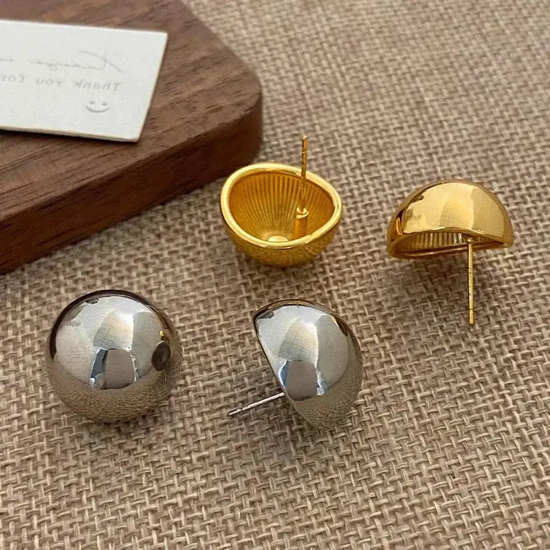 Punk Metal Big Ball Round Stud Earrings For Women Girls 2024 New Simple Fashion Semicircle Geometric Jewelry Gifts