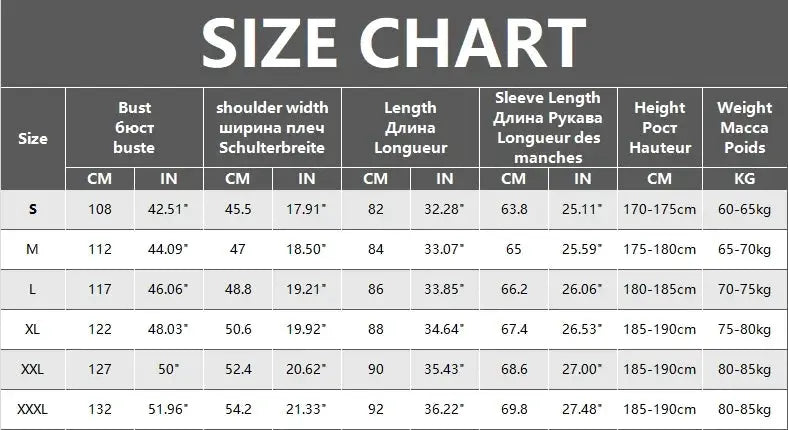 Simples Market men's hooded long jacket size chart with bust, shoulder, length, sleeve, height and weight for S–XXXL