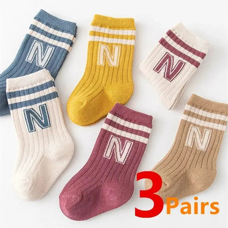 Three Pack Baby Letter Socks Knit Cotton Knee High Socks For Infants Toddlers Cute Stripe Pattern