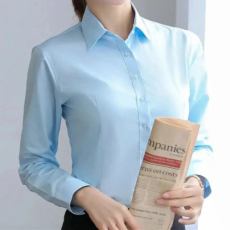 Women's light blue long-sleeve button-down shirt with collar, office blouse