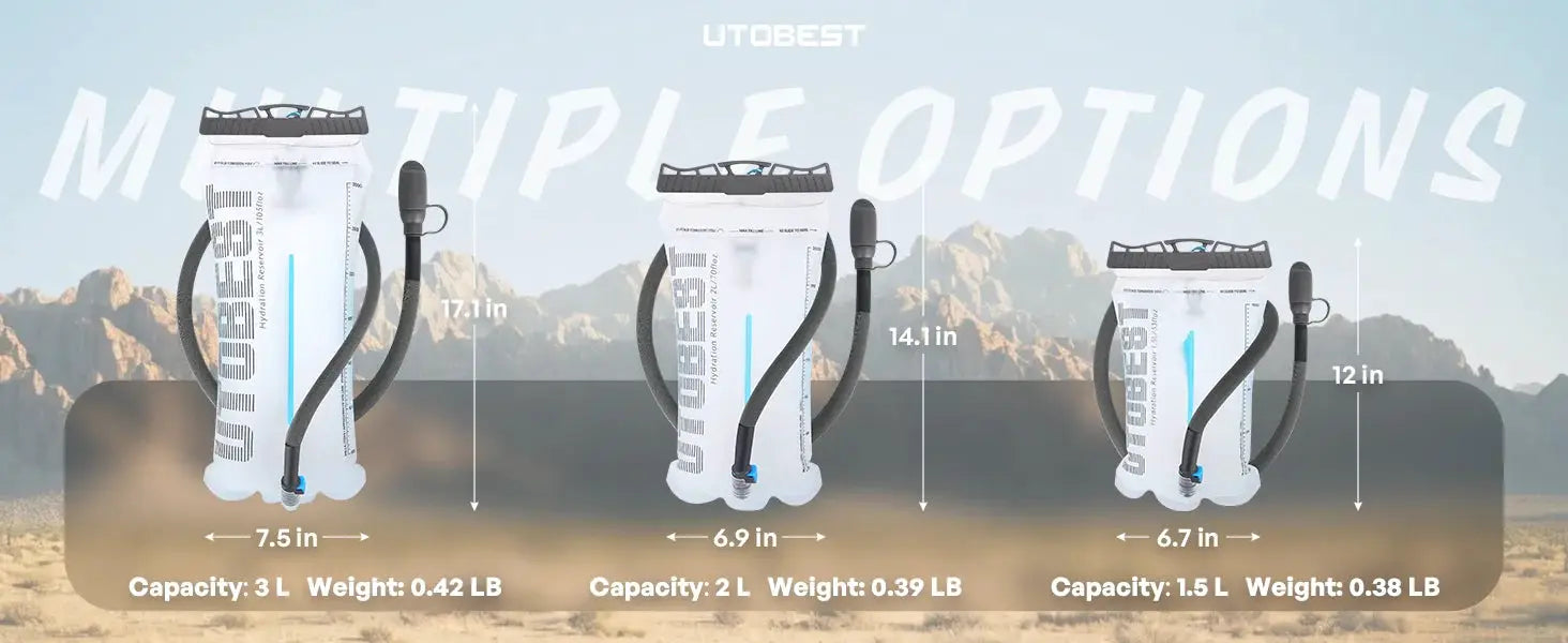 UTOBEST hydration bladders set of three white TPU reservoirs with black hoses in 3L, 2L and 1.5L