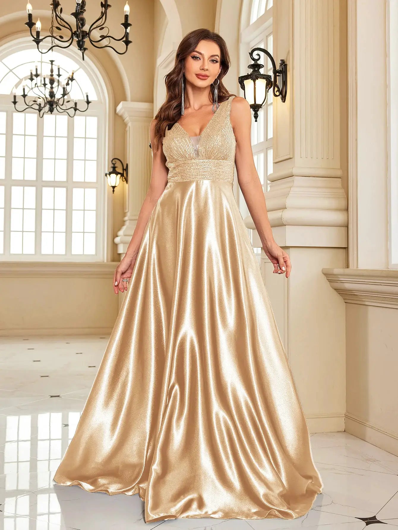 Emerald Green Sequin Evening Dress V Neck Satin Prom Floor Length