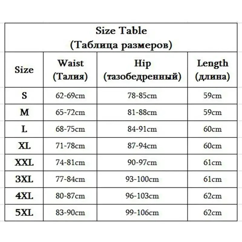 Skirt size chart by Simples Market showing waist, hip and length measurements (S–5XL)