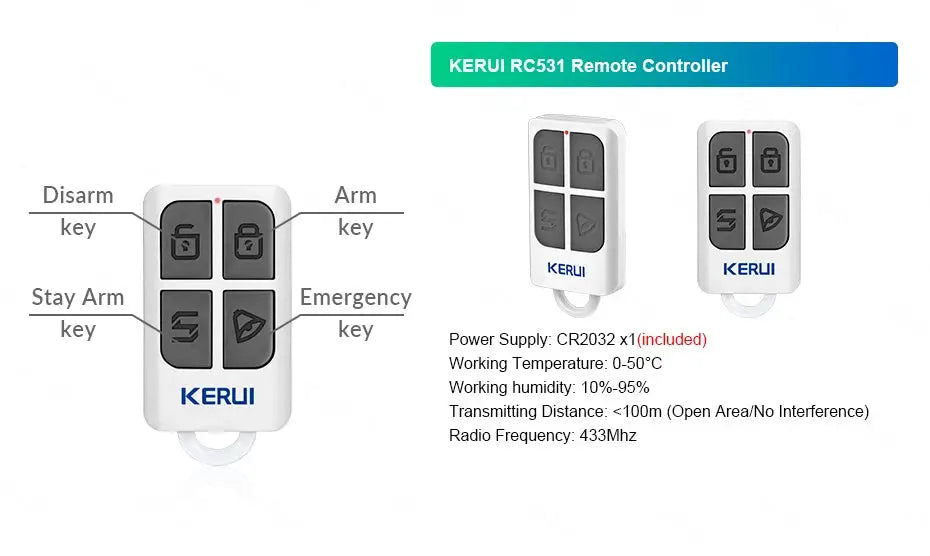 Set of two white Kerui RC531 alarm remote controllers with four black buttons and Kerui branding