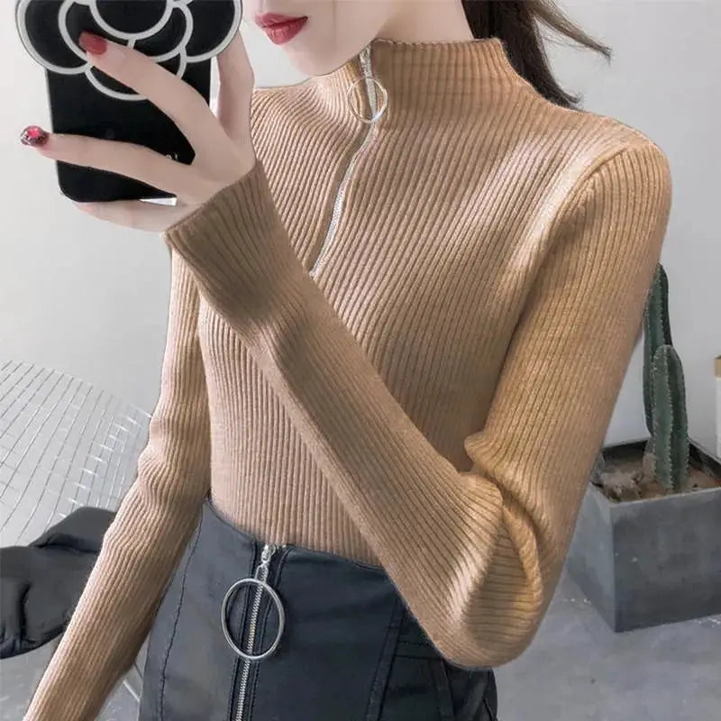 TrendWeave Zipper Half High Neck Knit Sweater Pullover For Women Autumn Winter Slim Solid Knitwear