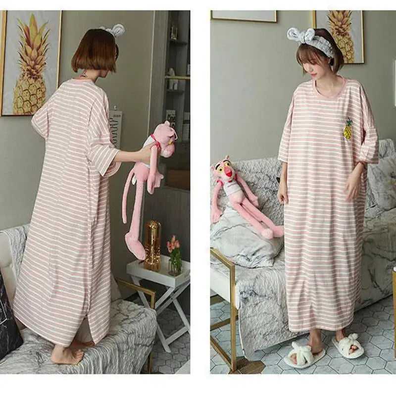 CozyNest Plus Size Striped Pajama Dress Lengthened For Summer Homewear Breathable Polyester Blend