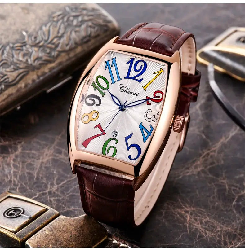 CHENXI men's watch with luminous curved glass, rose-gold case, multicolor numerals, date window, brown leather strap