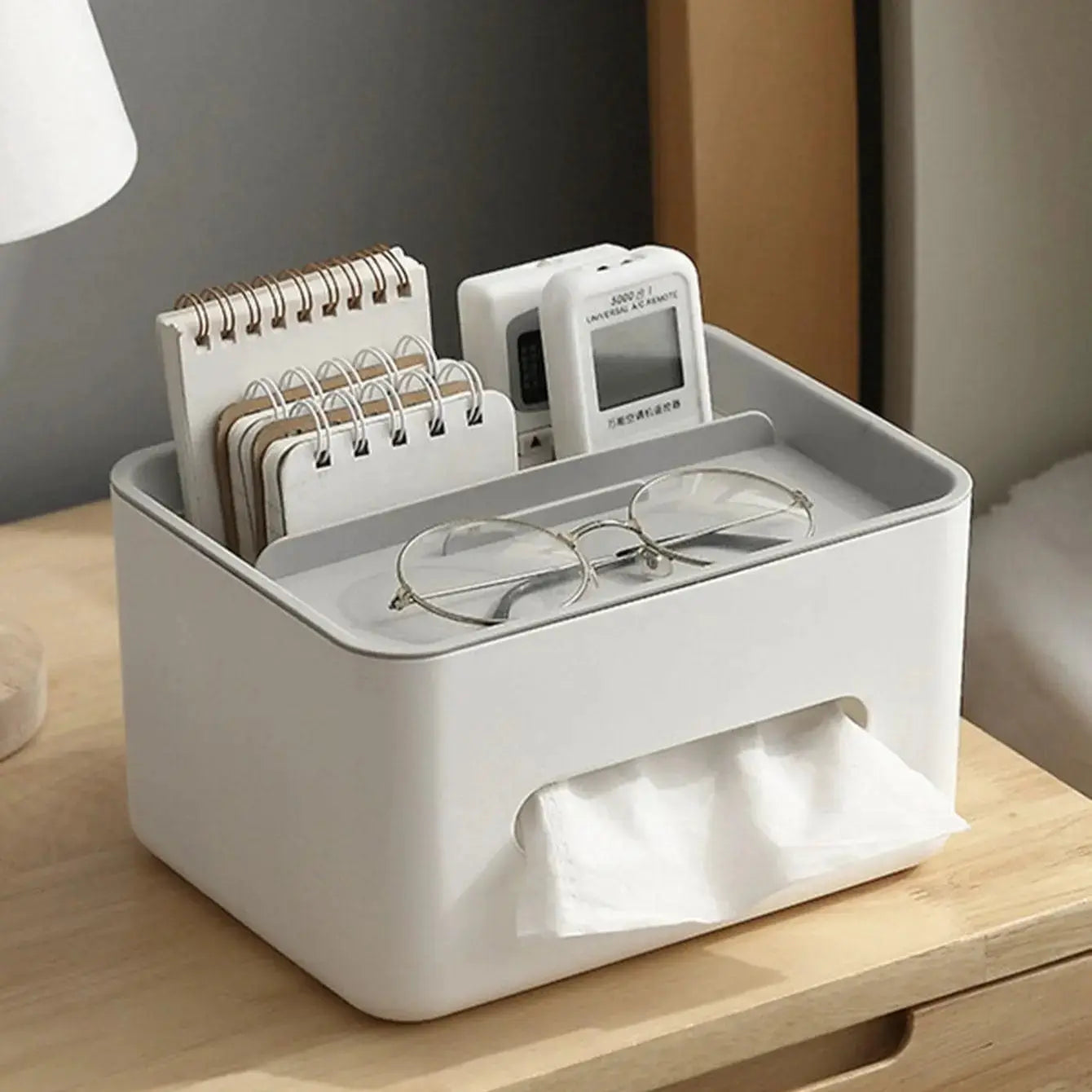 Gray Multifunctional Tissue Storage Box With Extra Compartments For Tissues And Small Essentials For Home Office