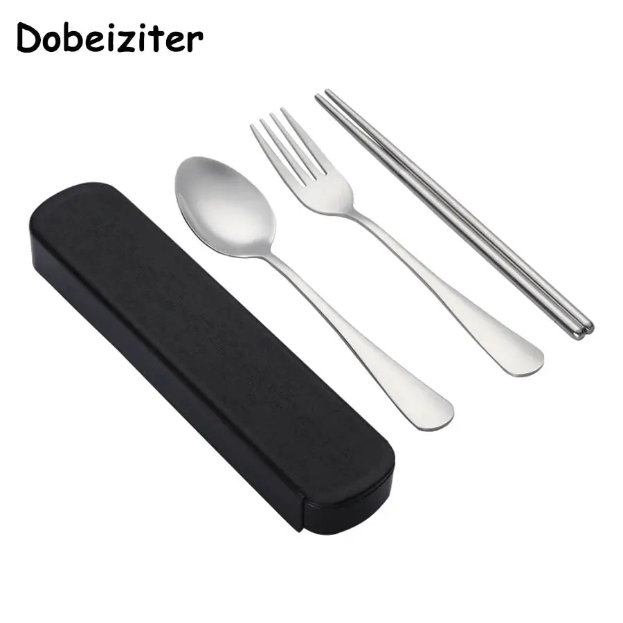 Stainless steel Korean spoon fork chopsticks 3-piece portable tableware set by Dobeiziter, black case