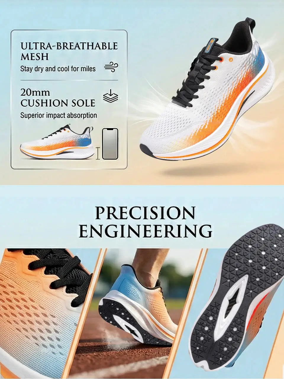 Baasploa Men Jogging Sports Shoes white/orange/blue gradient with breathable mesh and 20mm cushioned sole