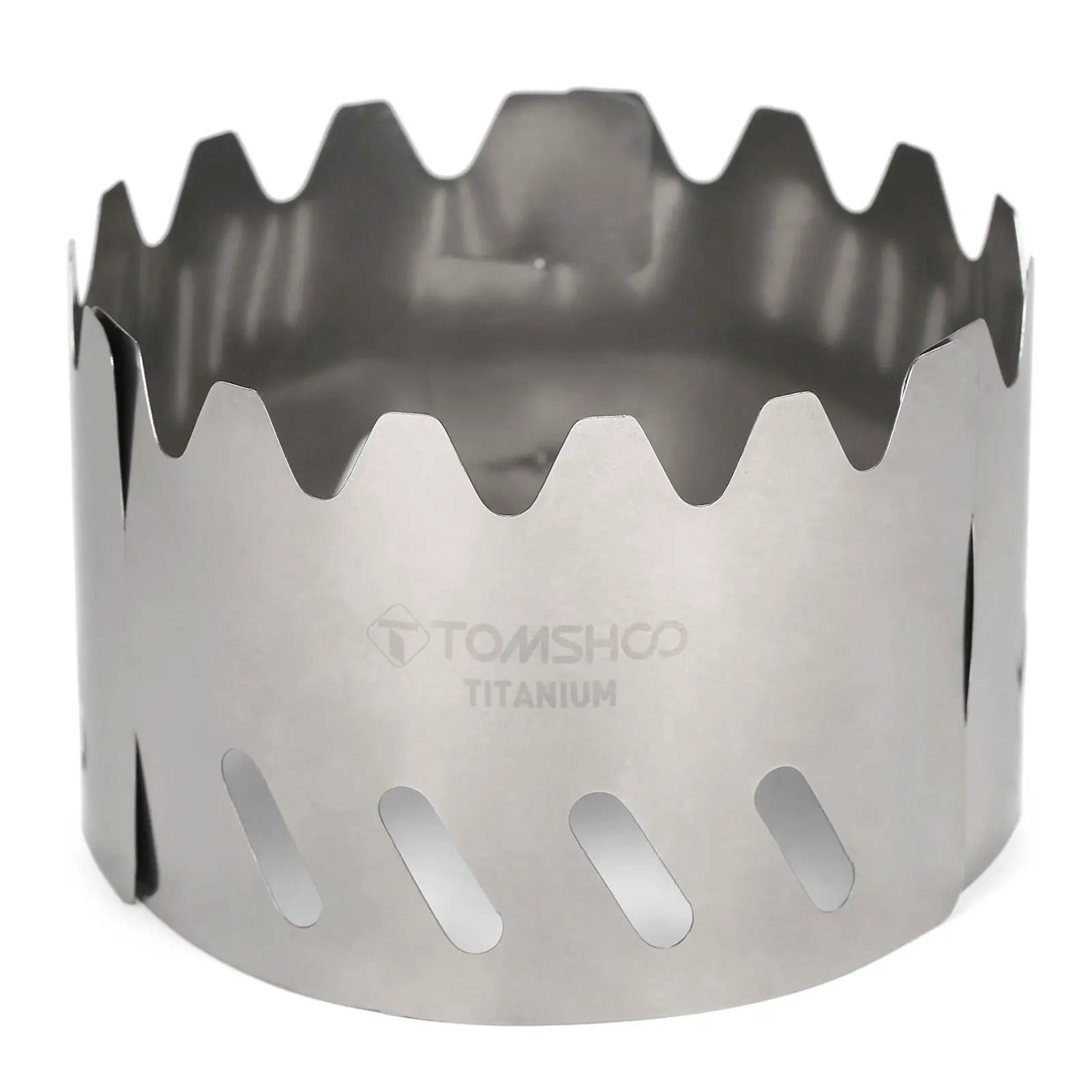 Tomshoo titanium wind shield for gas/alcohol stoves; ultralight camping windscreen with scalloped top