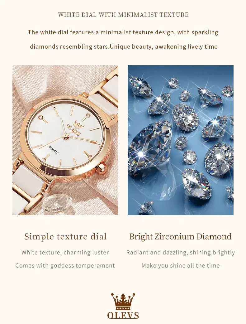 OLEVS women's watch with rose-gold case and white dial; 2-item display with bright zirconium diamonds on blue background