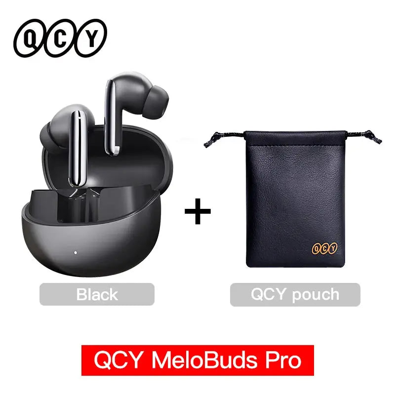 QCY MeloBuds Pro wireless earbuds with black charging case and QCY pouch