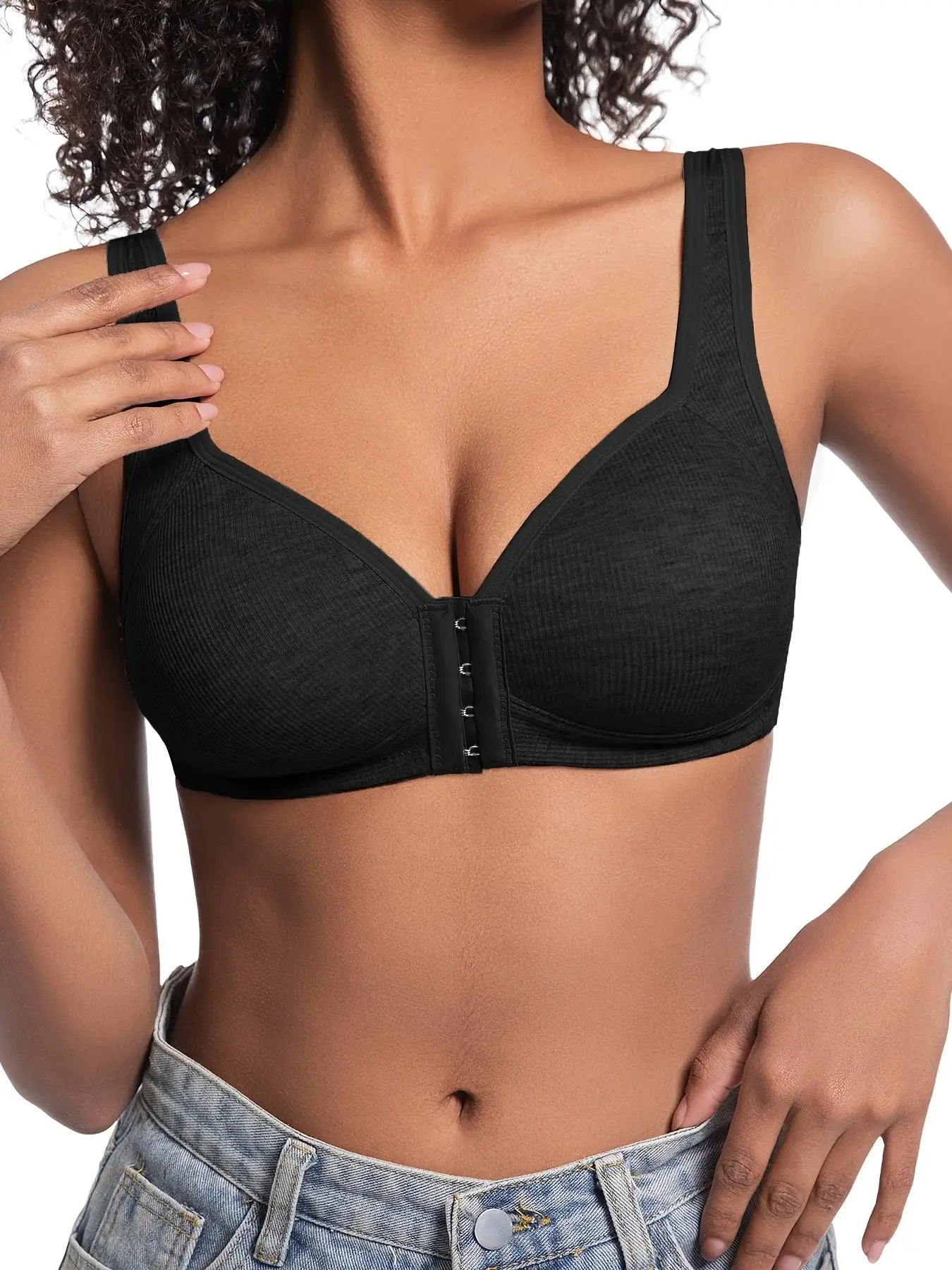 Women's black wire-free front-closure bra with full-coverage cups