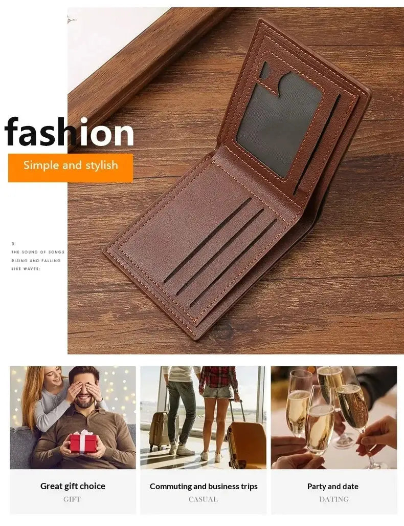 Slim brown leather bifold men's wallet by Simples Market with card slots and ID window