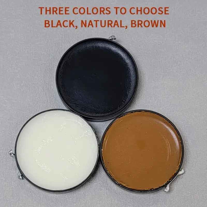 Faux leather shoe polishing kit with three color wax tins in black, natural, and brown.