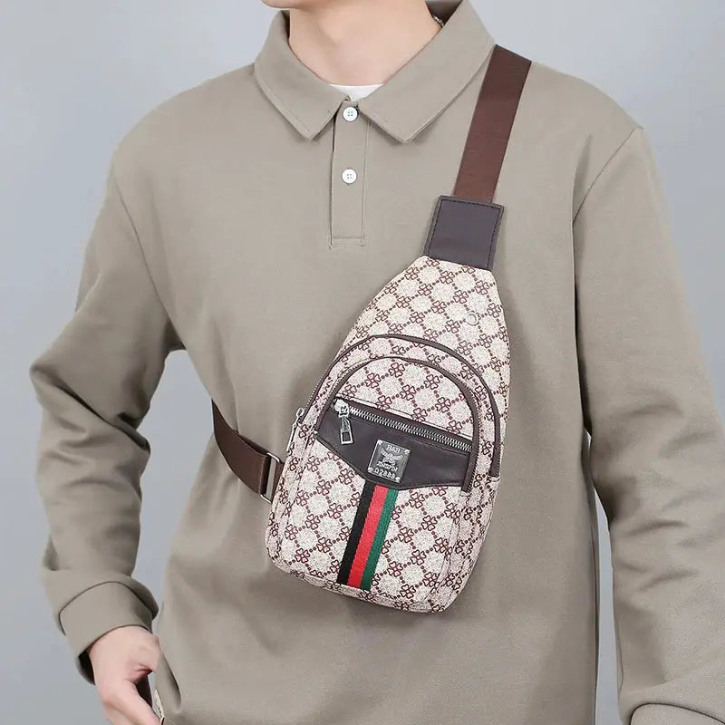 Men's crossbody messenger bag by Simples Market in beige patterned fabric with brown strap and front zip pocket