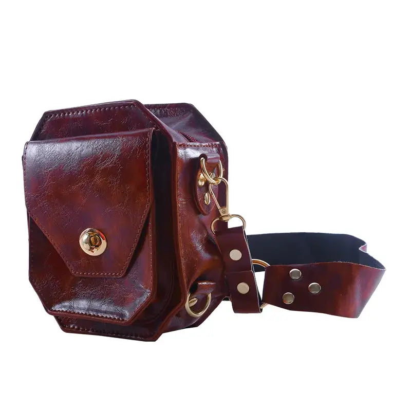 Brown PU leather waist bag with front flap pocket and gold-tone hardware
