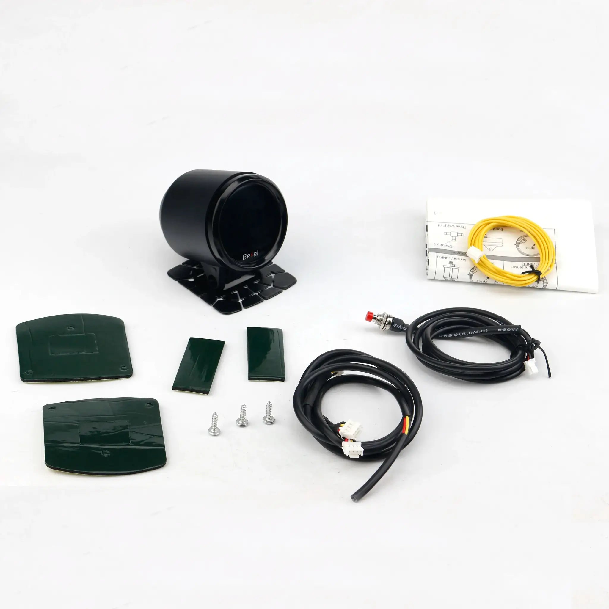 52mm car gauge kit with black circular gauge, yellow wiring harness, mounting brackets and screws