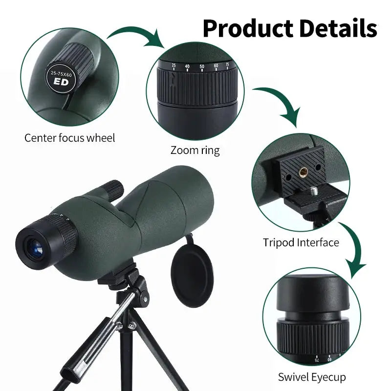 25-75x60 Spotting Scope Zoom Monocular High Power Telescope BAK4 Prism ED Lens for Outdoor Camping Bird Watching Hunting