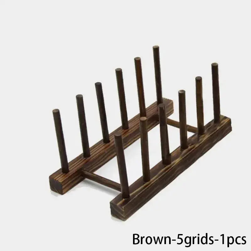 Wooden dish drying rack by Simples Market, brown wood with five-grid plate holders