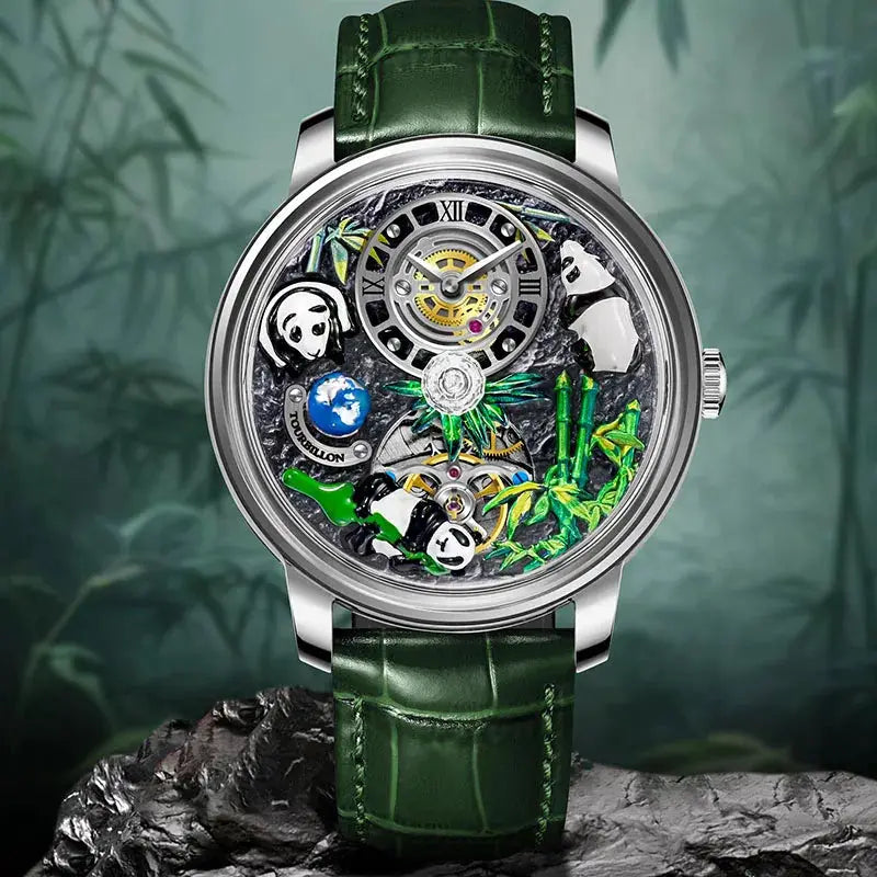 Panda Series mechanical watch from Simples Market with green leather strap and panda-themed skeleton dial