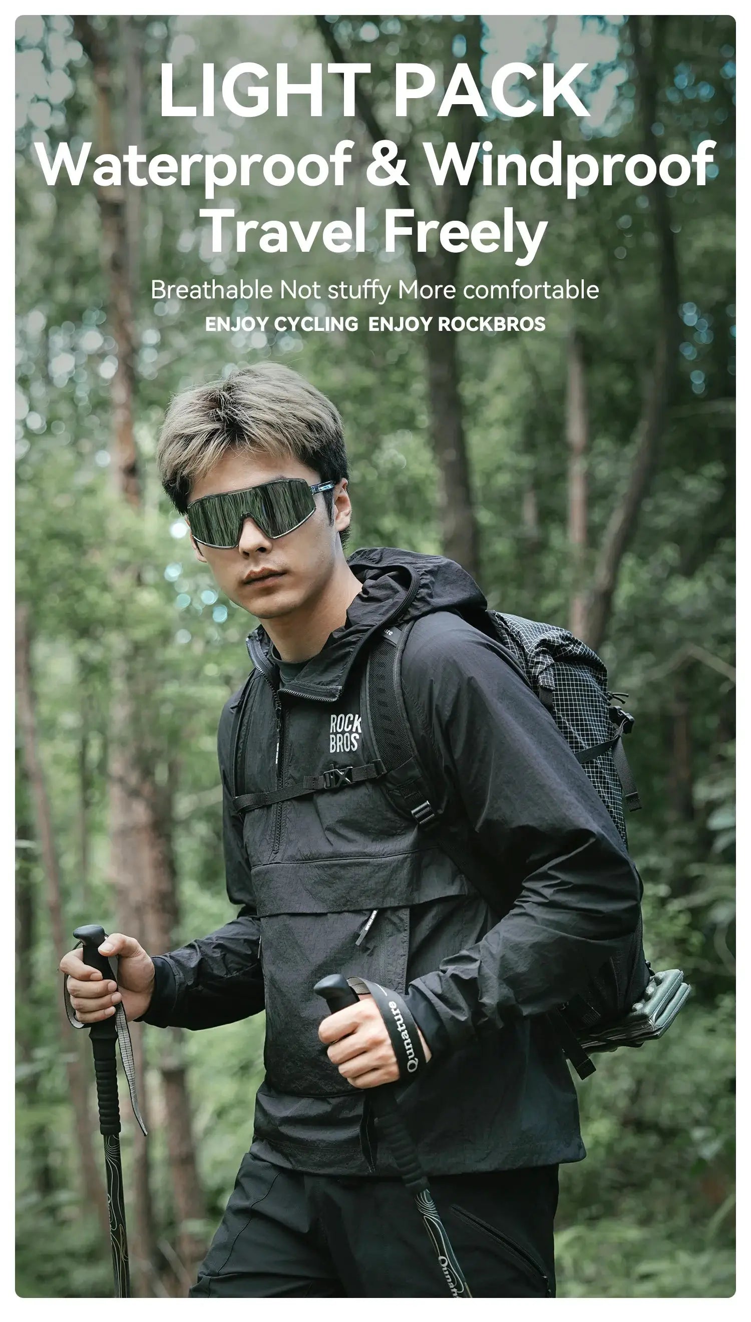 ROCKBROS black waterproof cycling jacket with hood and detachable pocket