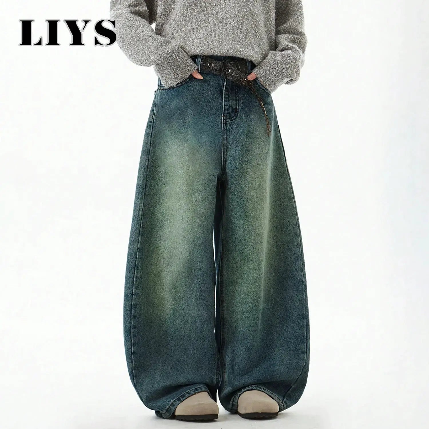 LIYS men's blue wide-leg denim pants, baggy loose-fit jeans with vintage wash