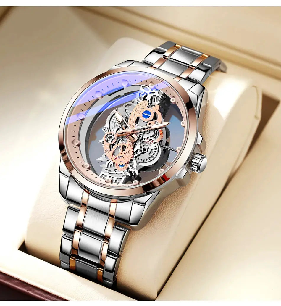 Simples Market TPW skeleton automatic wristwatch for men; silver–rose gold stainless steel band.