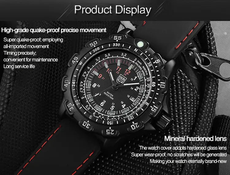 Addies military quartz watch by Simples Market, black strap with red stitch, rugged bezel, waterproof
