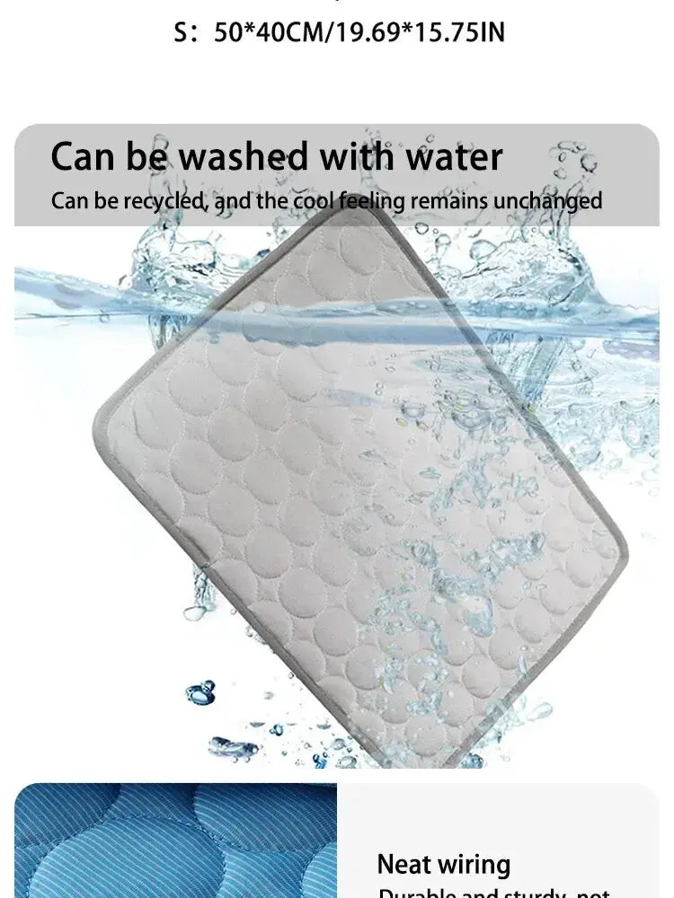 Pet cooling mat; rectangular grey quilted pad for small dogs and cats, washable and durable