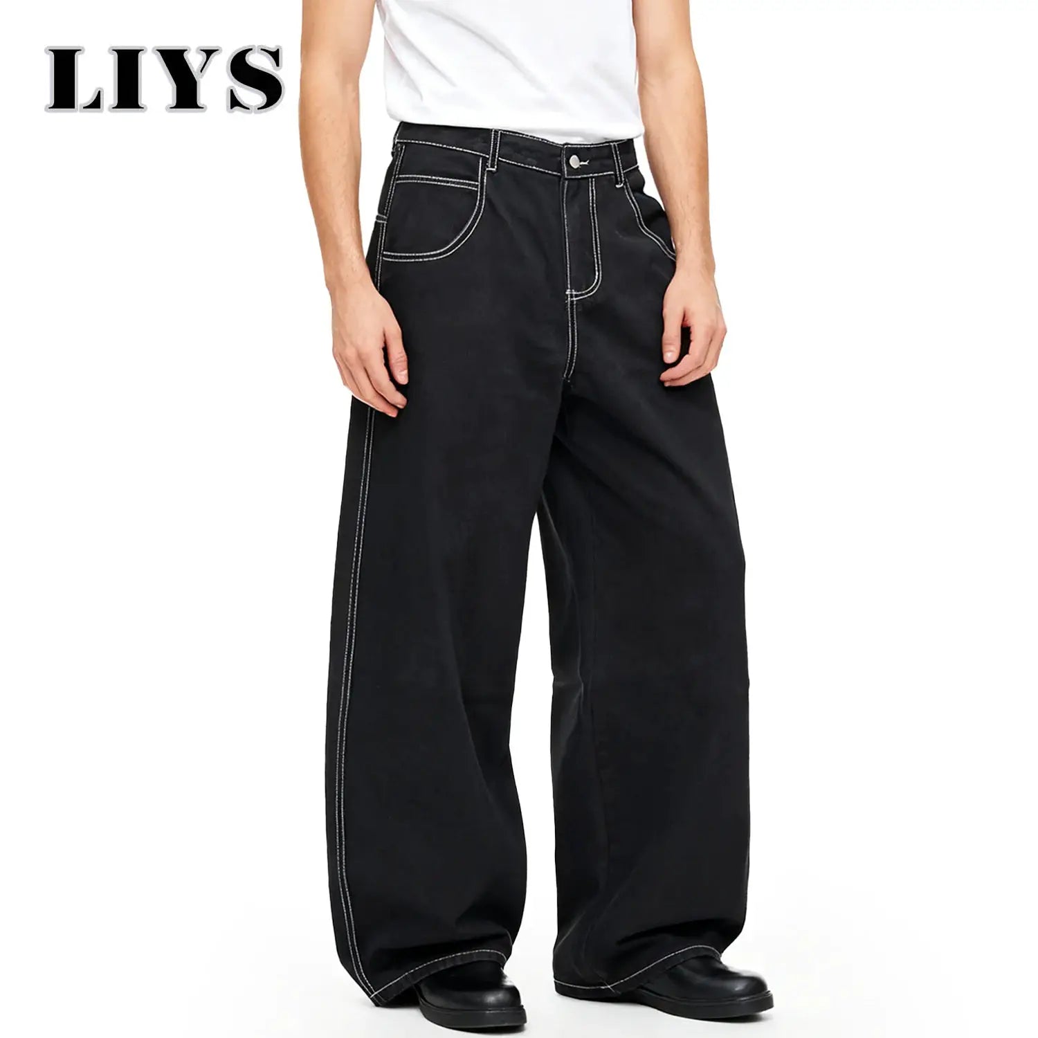 Black baggy wide-leg denim jeans with white contrast stitching