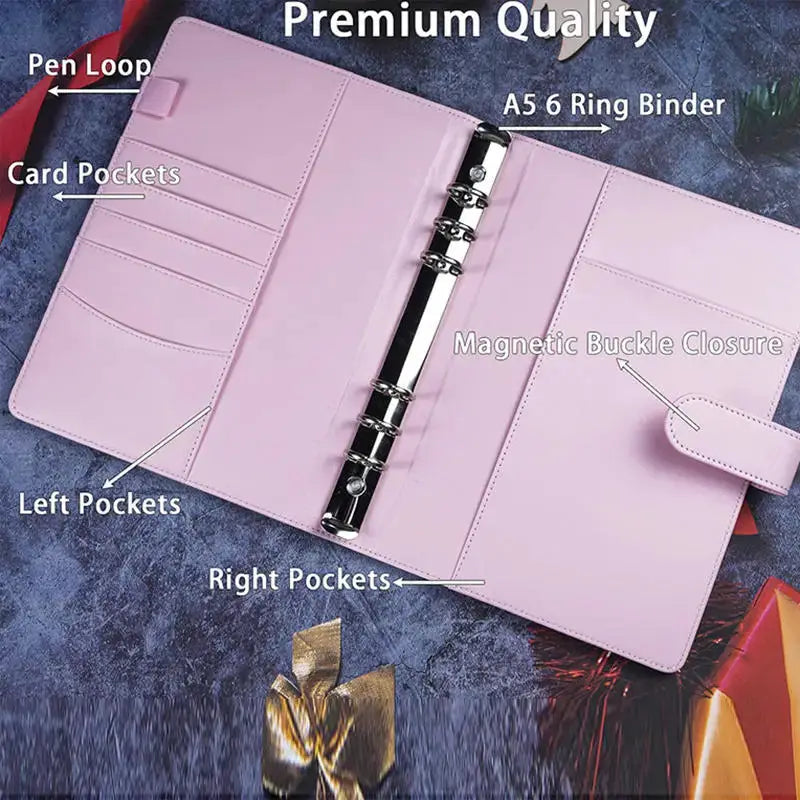A5 pink PU leather binder with 6 rings, card pockets, left and right pockets, pen loop, and magnetic buckle.