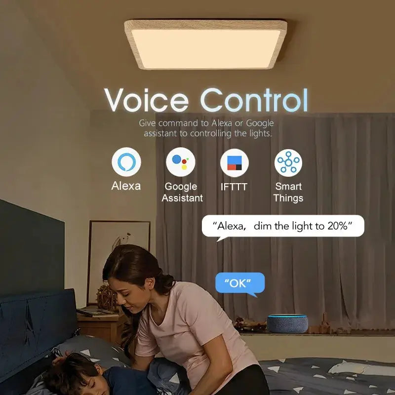 Square wood-grain LED ceiling lamp with voice-control for living room