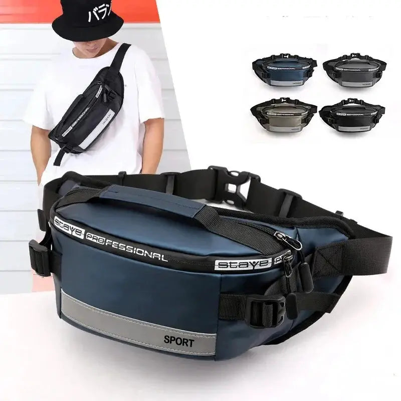 Simples Market large-capacity anti-theft waist bag in navy nylon with multiple zip pockets and adjustable strap