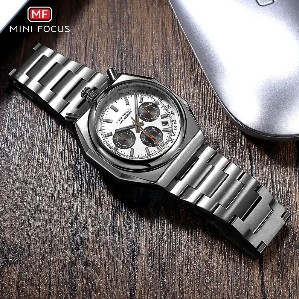 MINI FOCUS men's chronograph quartz watch with stainless steel bracelet and silver-tone case