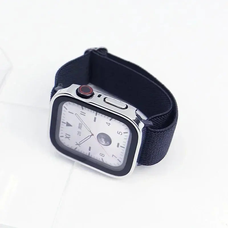 Screen Protector for Apple Watch PC bumper case by Simples Market, fits 40–46mm, black fabric strap shown in angled view
