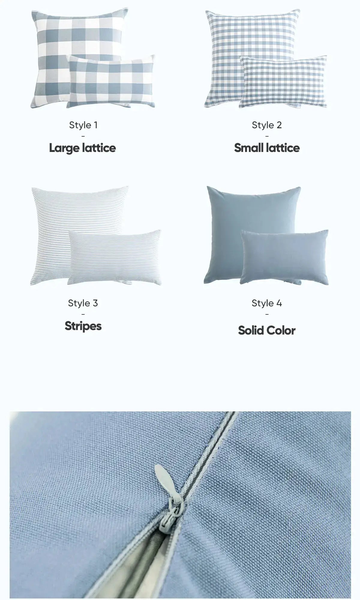 Pillow covers set in light blue: large lattice plaid, small lattice, stripes, solid blue; 4 pieces