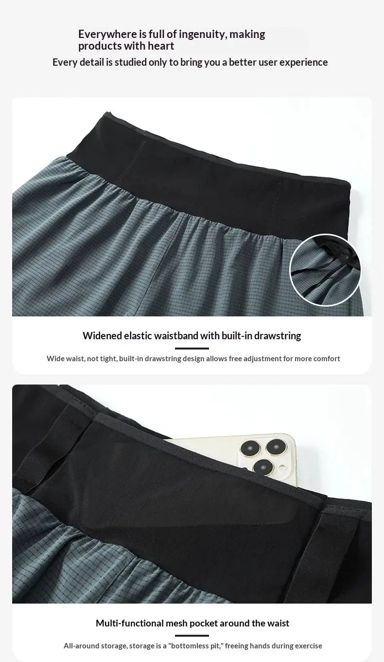 Mens summer running shorts with black elastic waistband, grey grid fabric, built-in drawstring and waist mesh pocket.