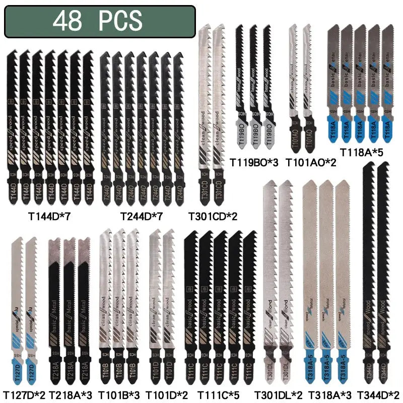 T Shaft Jigsaw Blades Set HCS Assorted For Wood Plastic Metal Cutting 10 20 35 48 Pieces T119B T111C T218A T118A T118B