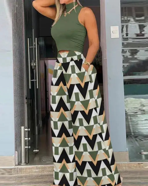Summer Print Two Piece Set Women Sleeveless Tank Top Wide Leg Pants