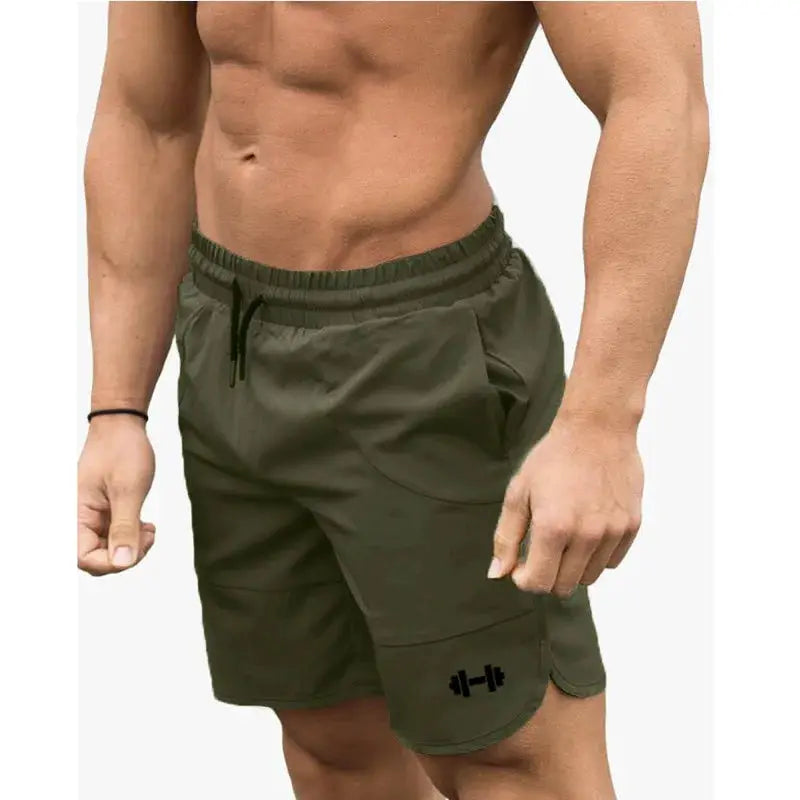 Men's olive green gym shorts with drawstring for athletic training and workouts