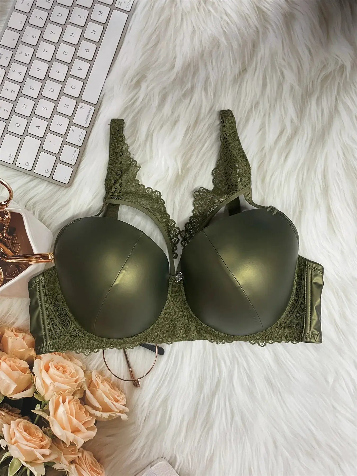 Olive green PU leather lace bra with underwire and molded cups