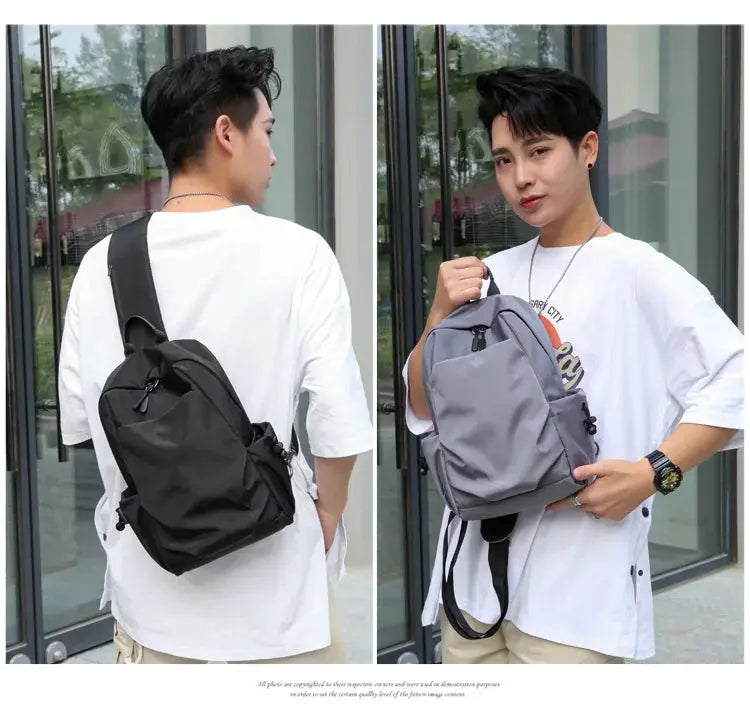 Men's canvas crossbody chest bag in black and gray; two bags shown.
