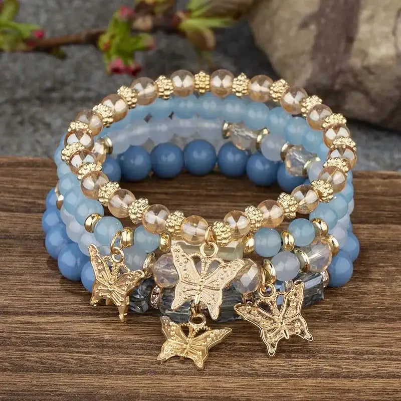 4 Pcs Trendy Butterfly Beaded Bracelet Set For Women Pink Acrylic Beads Elastic Chain Bangles Party Jewelry Gift