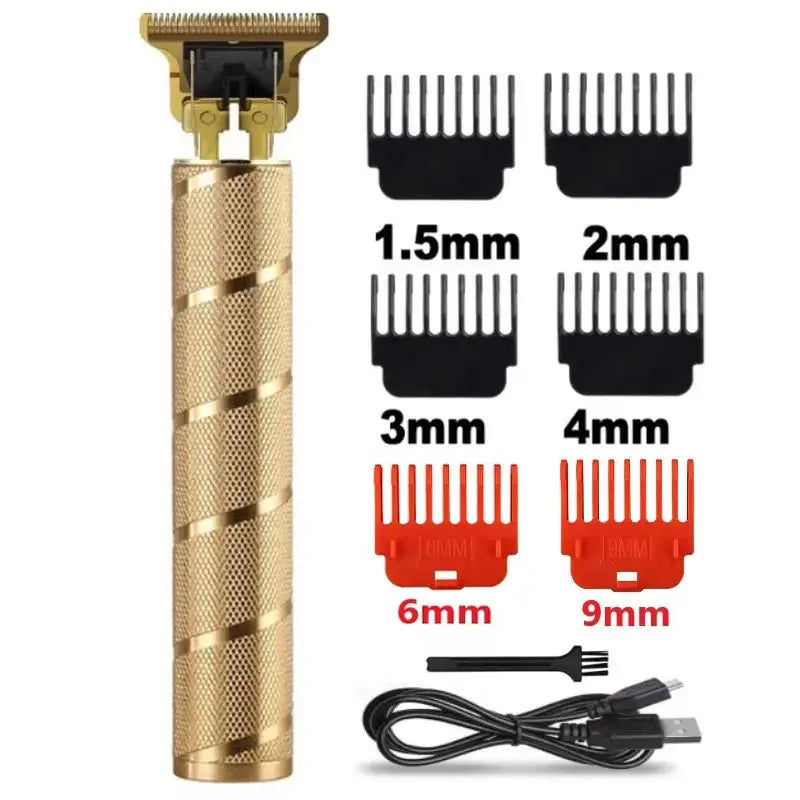 Simples Market Clipper electric hair trimmer for men in gold with 6 guide combs (1.5–9mm) and USB charging cable